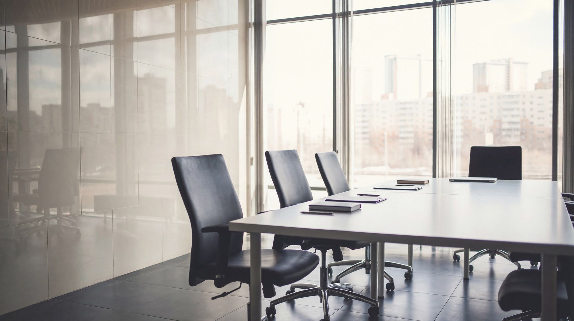 A modern office meeting room with black chairs around a long white table, set before large windows overlooking a city.