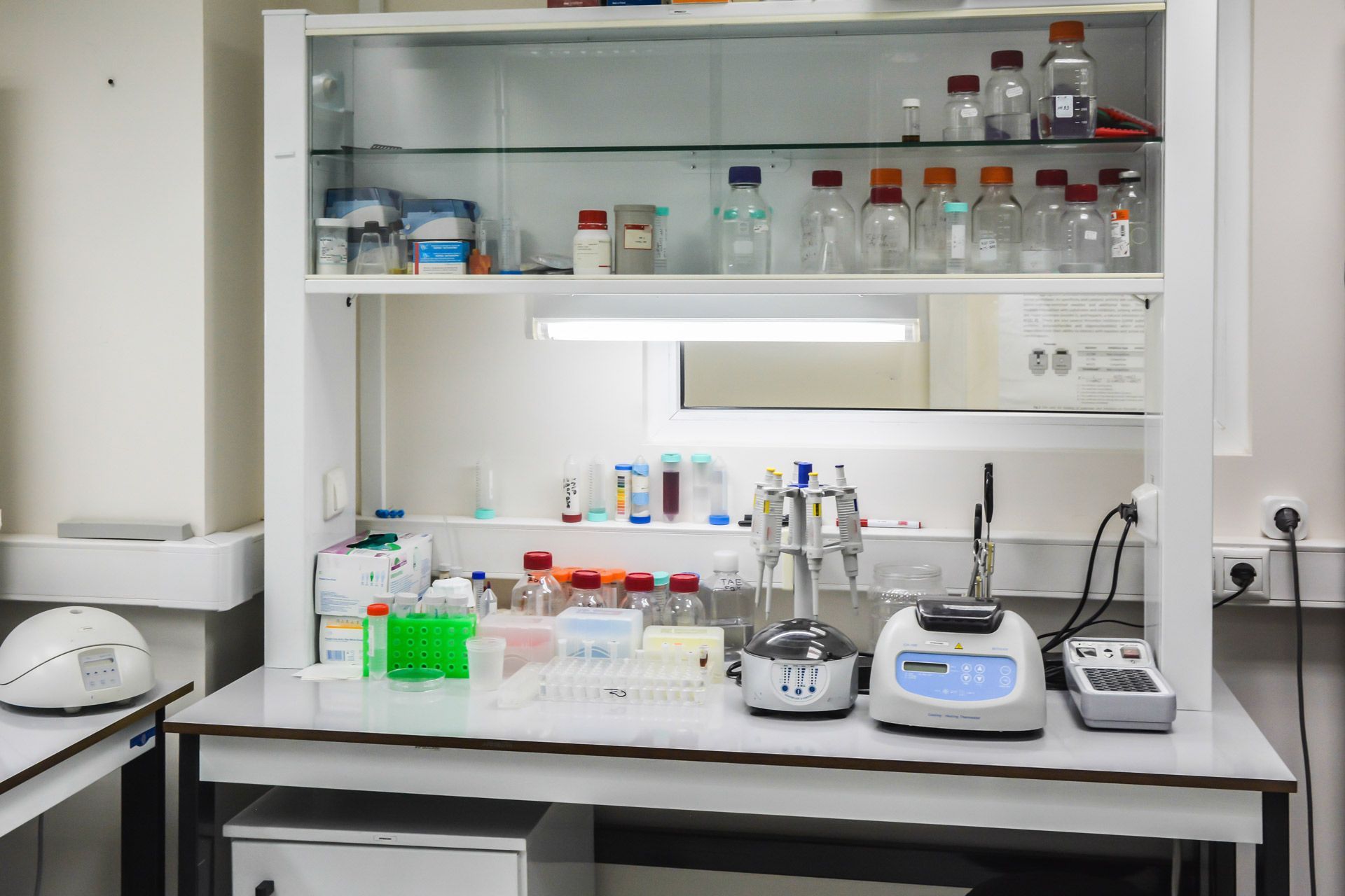 A laboratory workbench with equipment, glass bottles, and supplies stored on shelves and the counter surface.