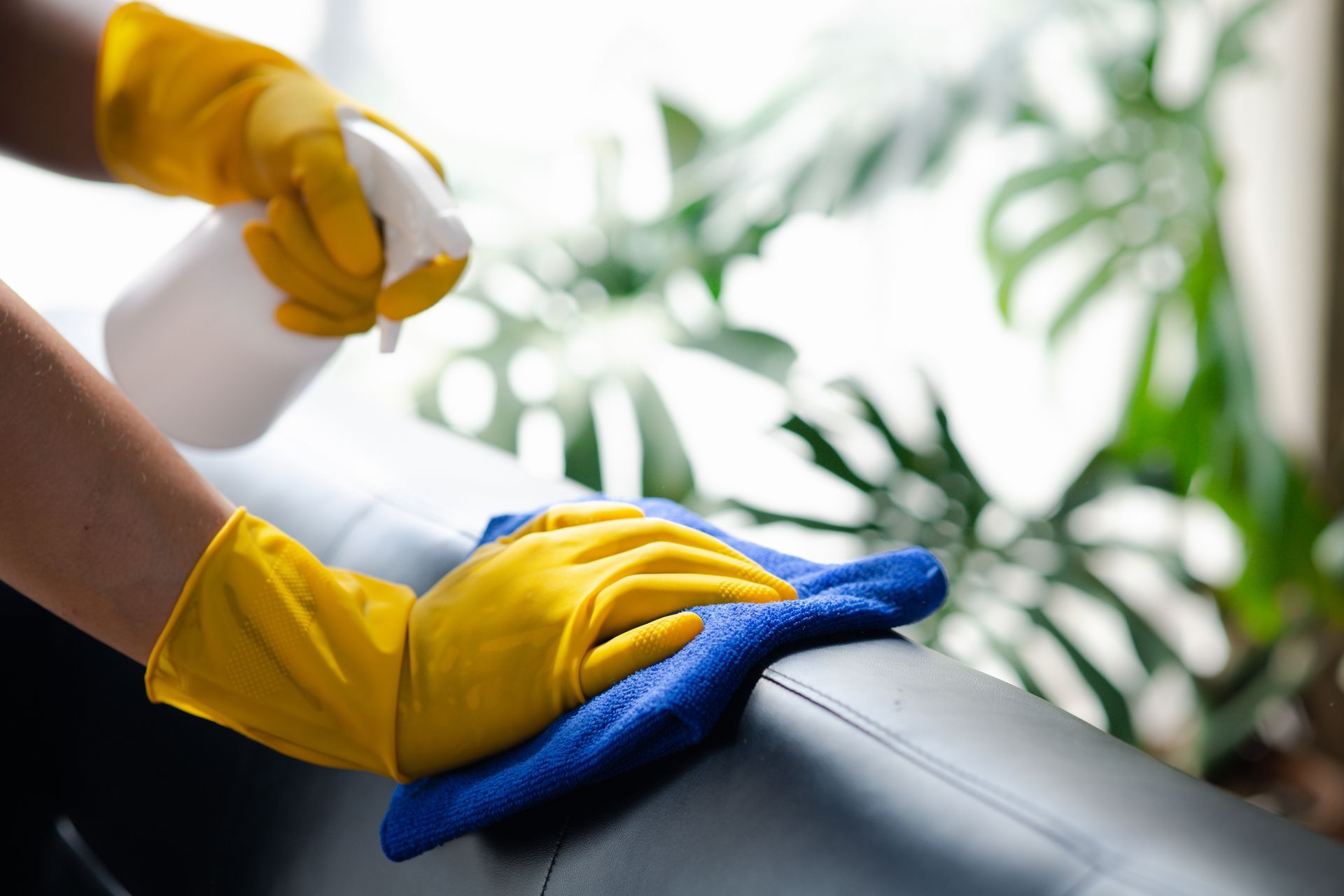 Hands in yellow gloves cleaning a black surface with a spray bottle and blue cloth.
