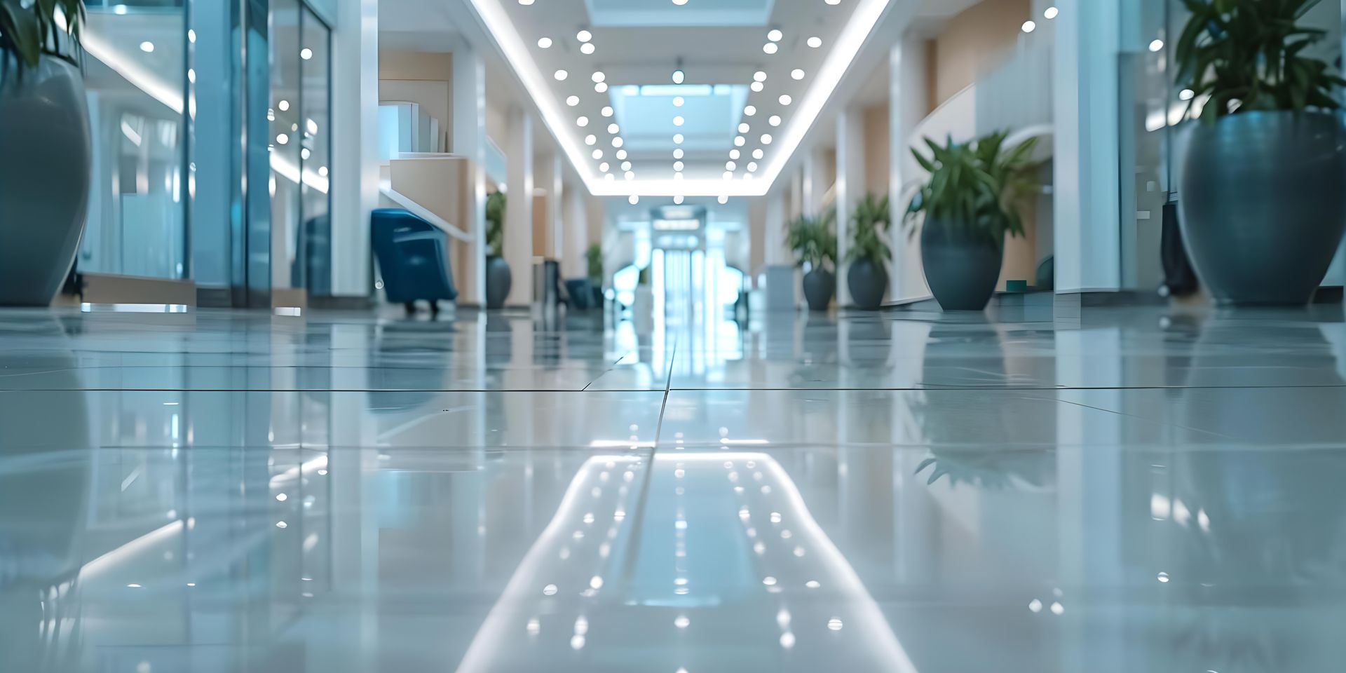 Person pushing cleaning cart down a hallway; cleaning supplies visible.