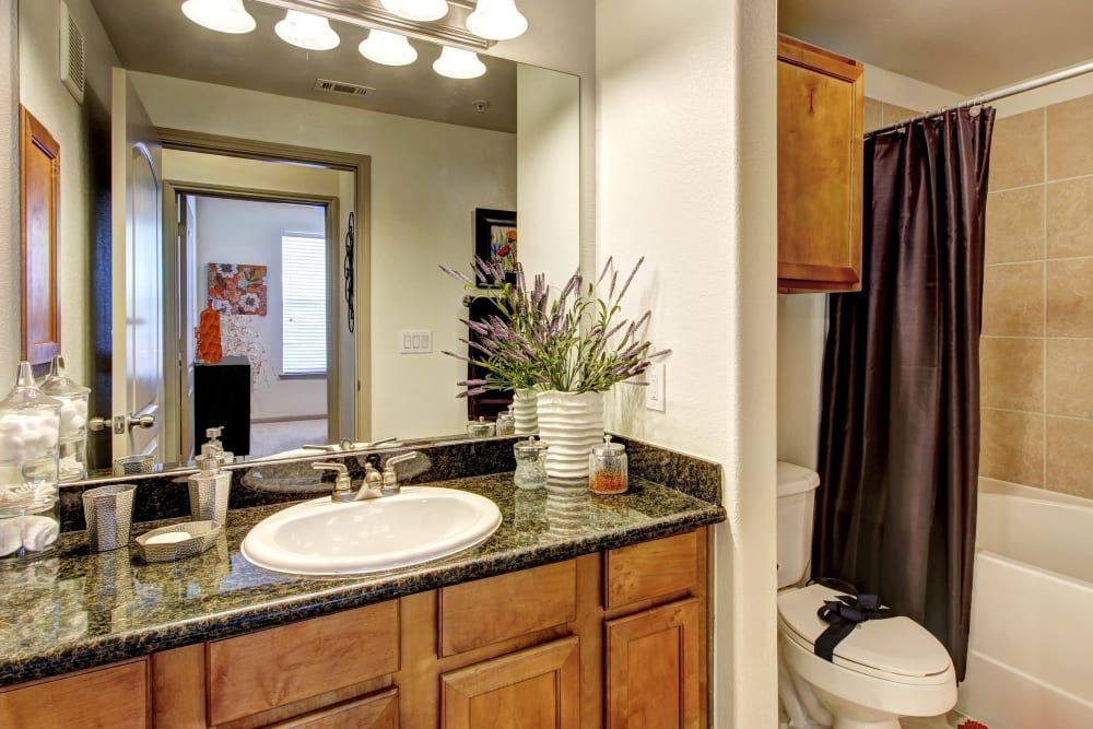 Apartment bathroom with a sink, toilet, and shower at Marquis at The Woodlands in Spring, TX.