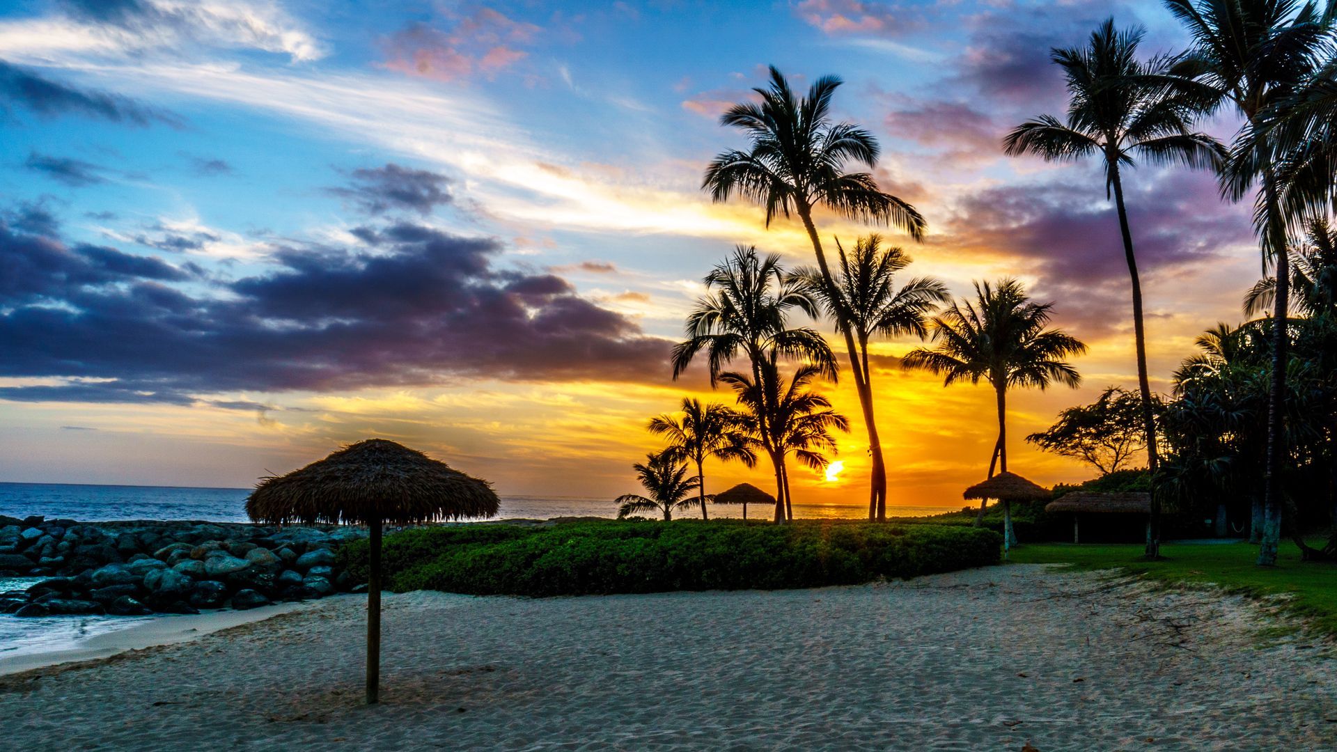Sunset over a beach with palm trees and a thatched umbrella.