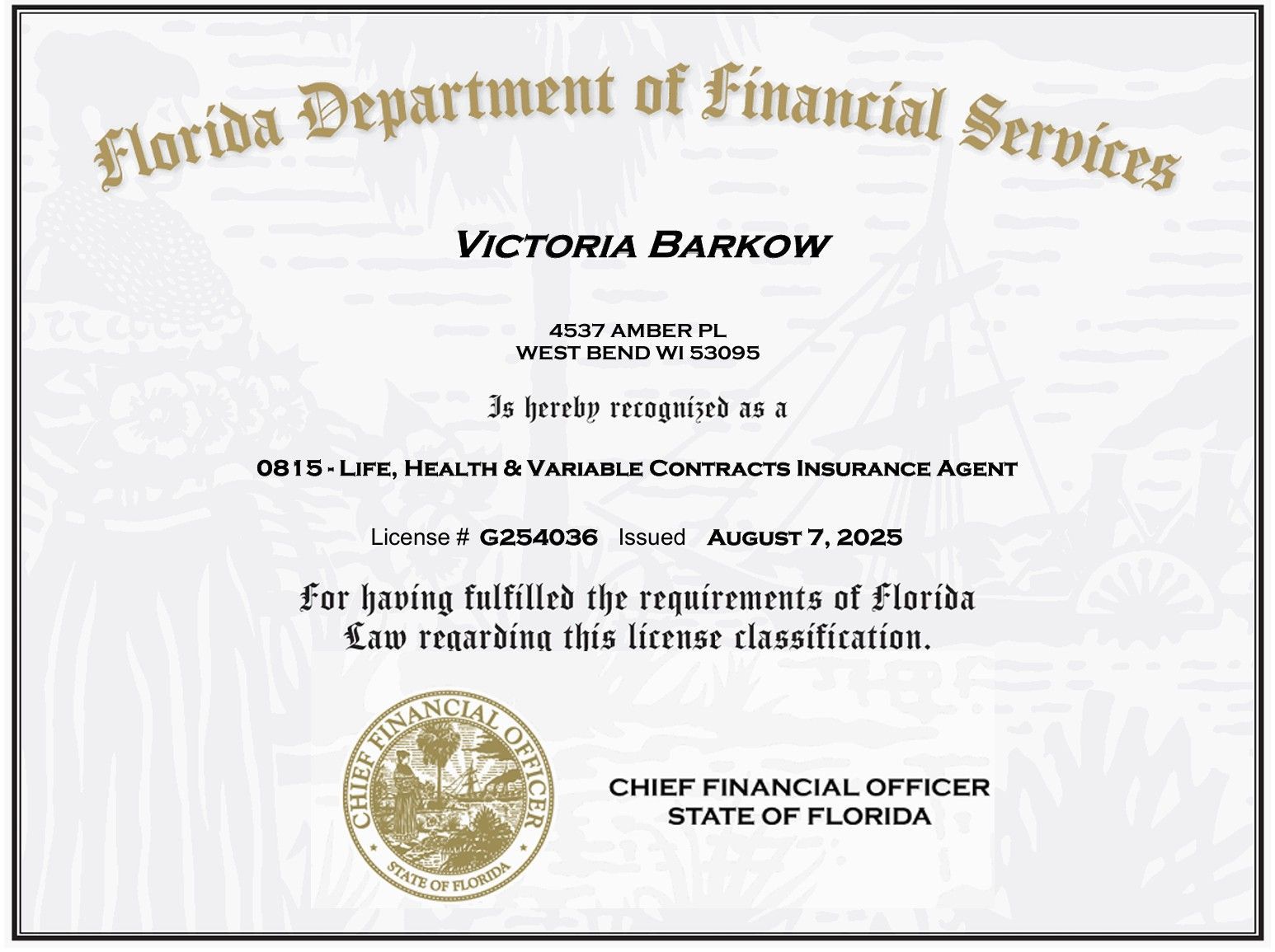 Insurance license for Florida life and health insurance for Victoria Barkow