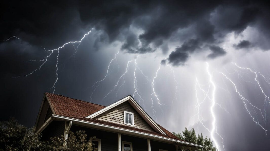 A house is surrounded by lightning during a storm.