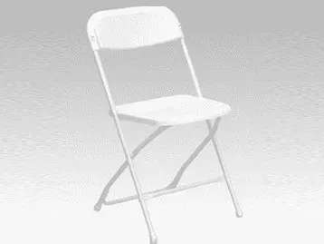 A white folding chair is sitting on a white surface.