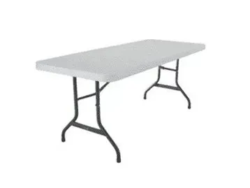 A white folding table with black legs on a white background