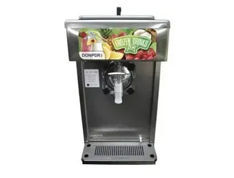 A stainless steel frozen drink machine with a picture of fruit on it.
