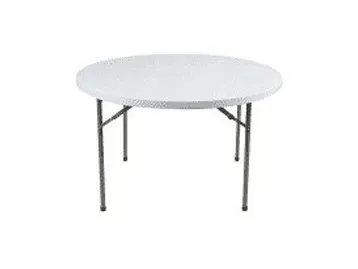 A white round folding table with metal legs on a white background.