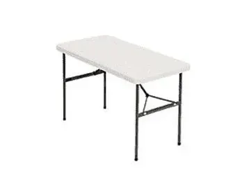 A white folding table with black legs on a white background.