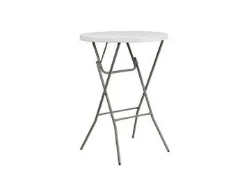 A white folding table with metal legs on a white background.
