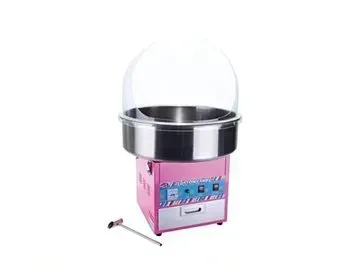 A pink cotton candy machine is sitting on a white surface.