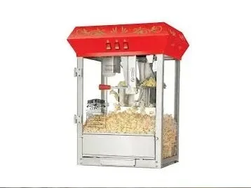 A popcorn machine is filled with popcorn on a white background.
