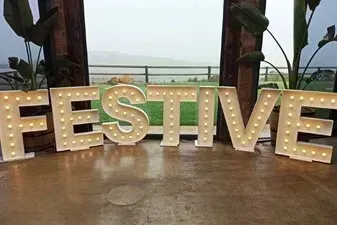 A row of lighted letters that spell out the word festive.