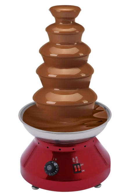 A chocolate fountain is stacked on top of each other on a table.