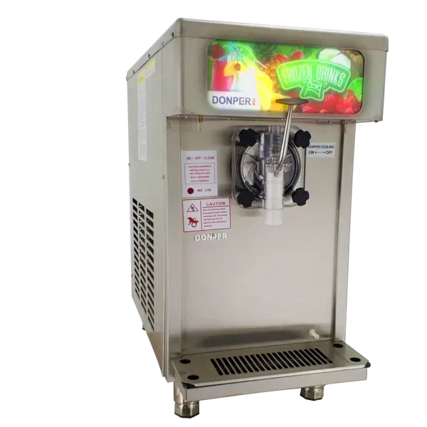A stainless steel frozen drink machine with a picture of fruit on it.