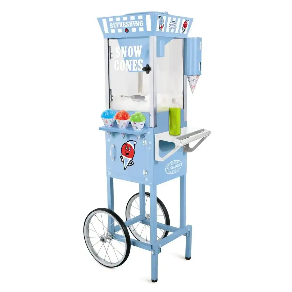 A blue ice cream cart with wheels on a white background.