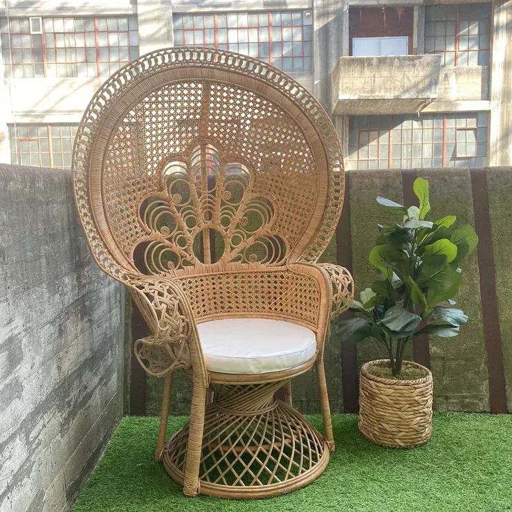 A wicker chair is sitting in front of a wall decorated with pampas grass.