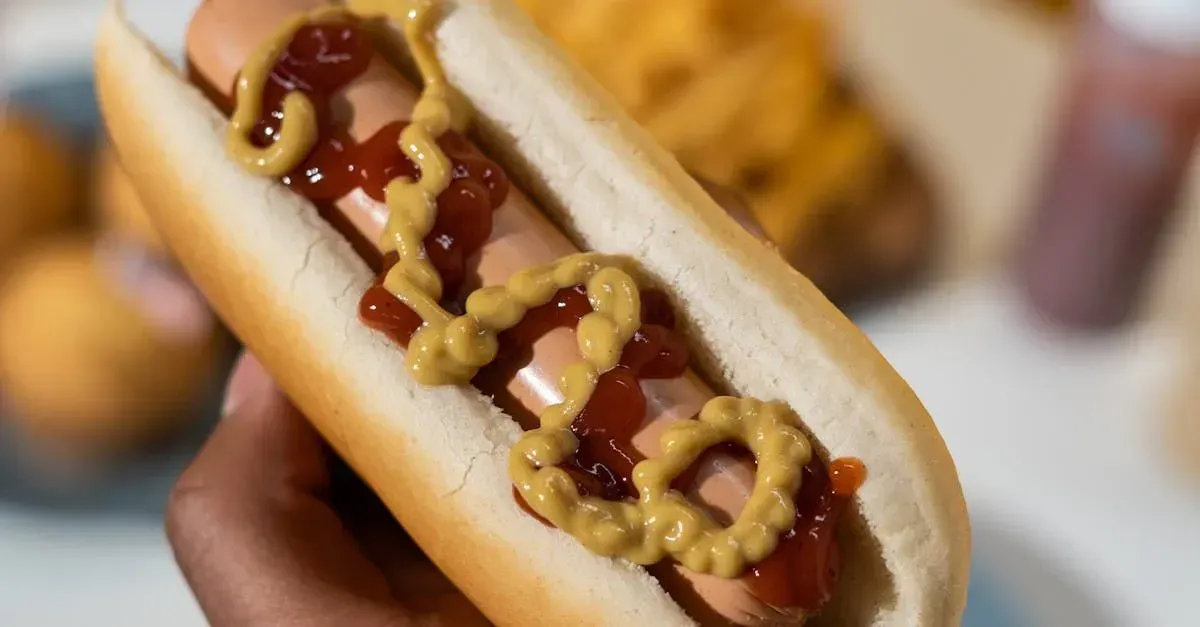 A person is holding a hot dog with ketchup and mustard.