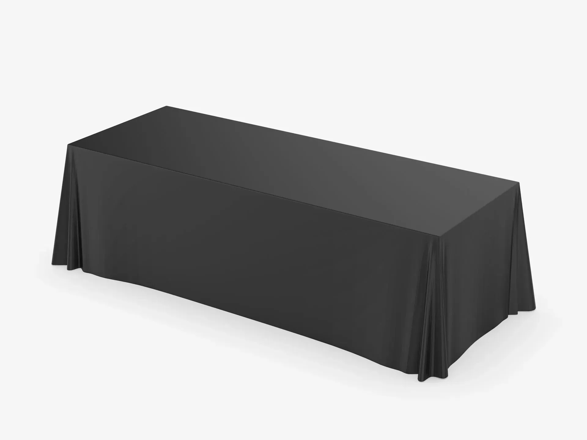 A long black table with a black tablecloth on a white background.
