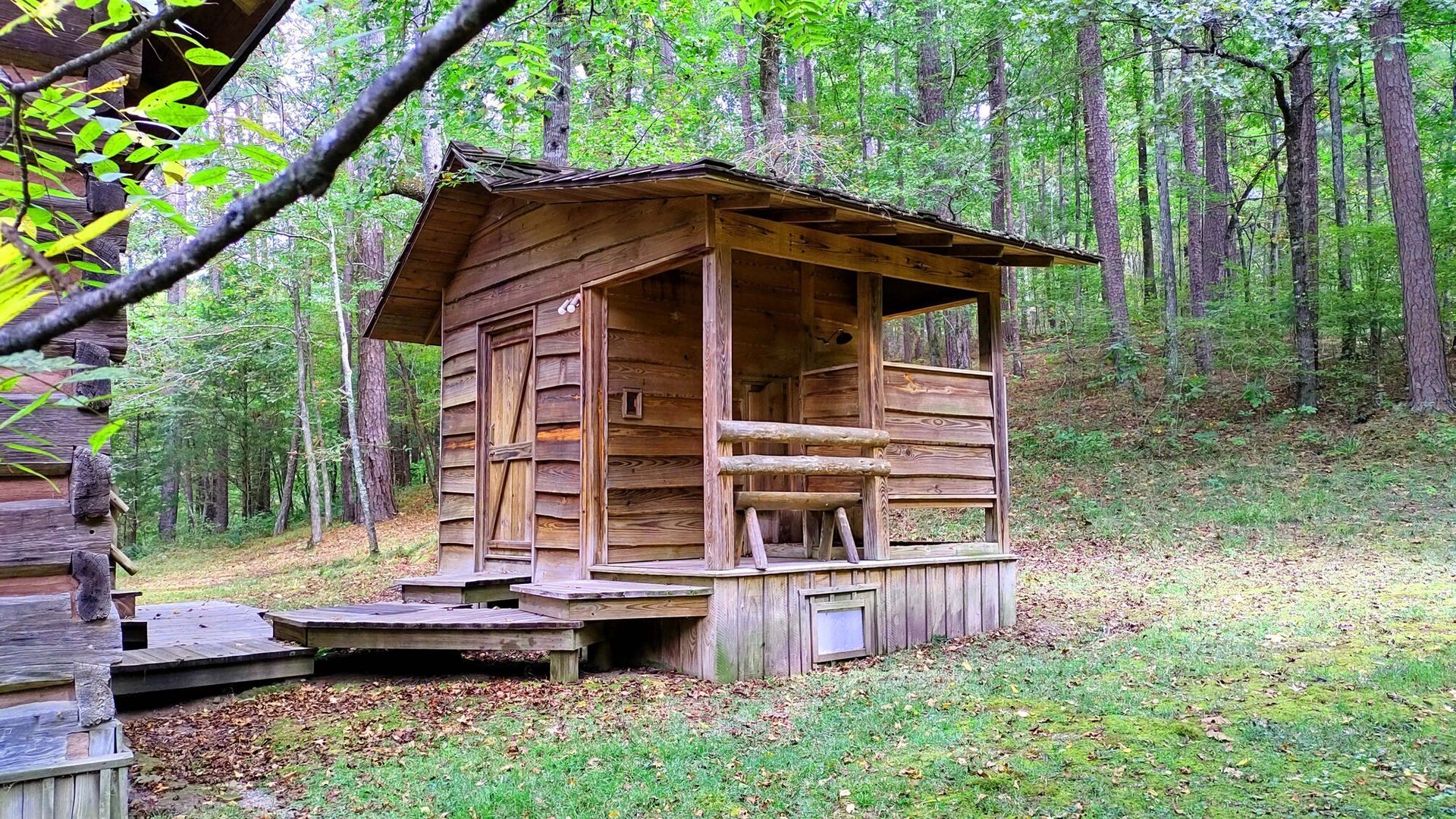 A small, rustic wooden cabin with a porch stands in a wooded area with scattered leaves on the ground.