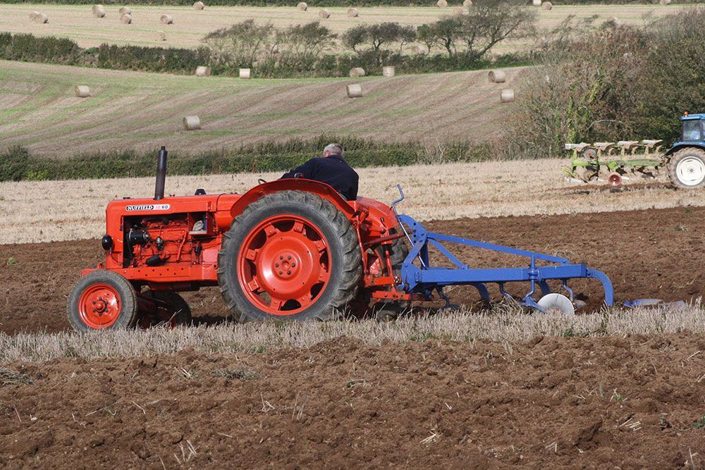 A man is plowing a field with a red tractor and a blue plow.