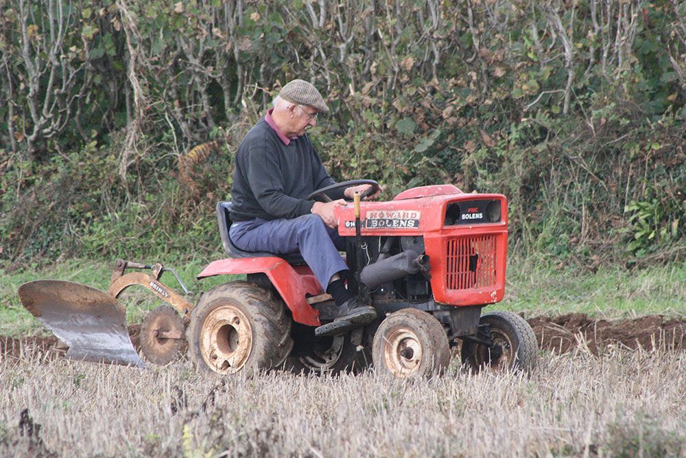 A man is plowing a field with a small tractor.