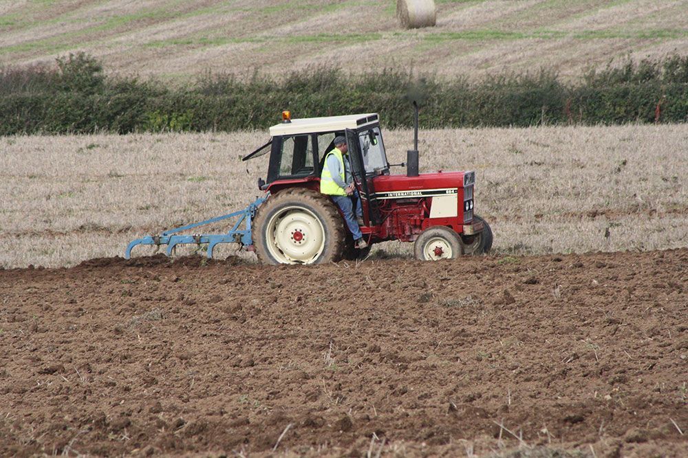 A man is plowing a field with a tractor.