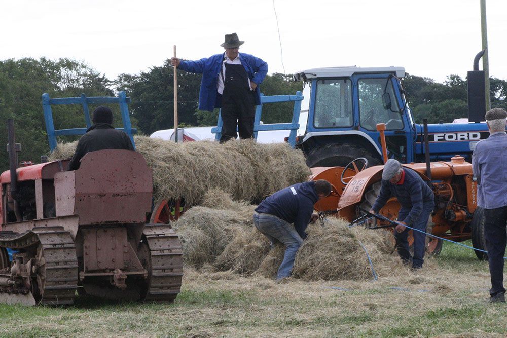 A man is standing on top of a pile of hay next to a ford tractor.