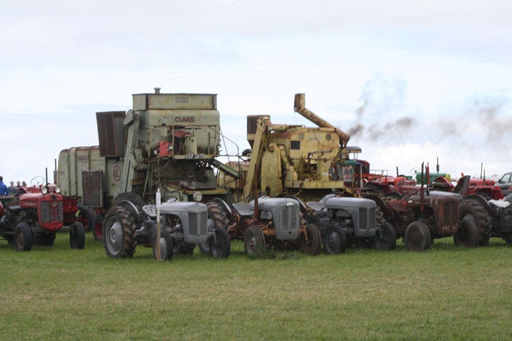 A group of old tractors are parked in a field.
