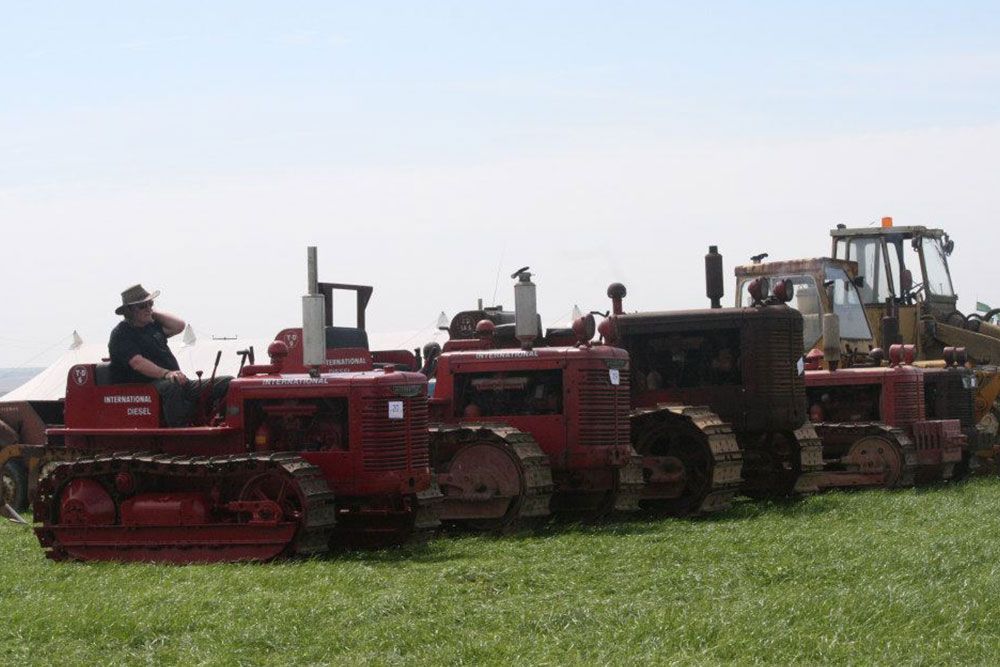 A row of red tractors are parked in a grassy field.