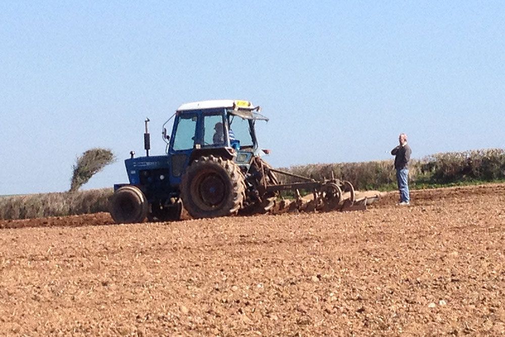 A man stands in front of a blue tractor plowing a field
