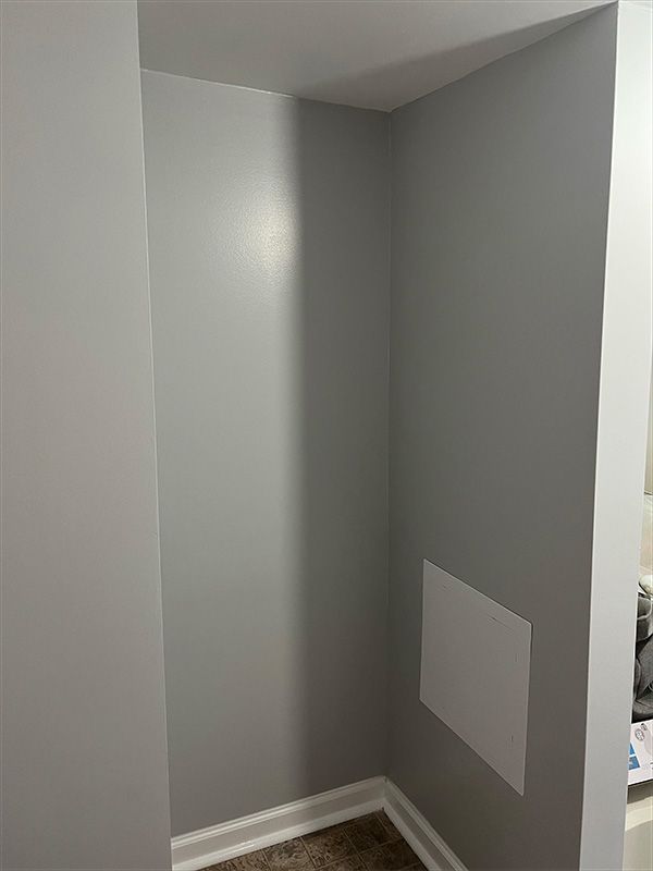 Empty gray-painted recessed alcove with a white panel on the wall, carpeted floor, and white trim.