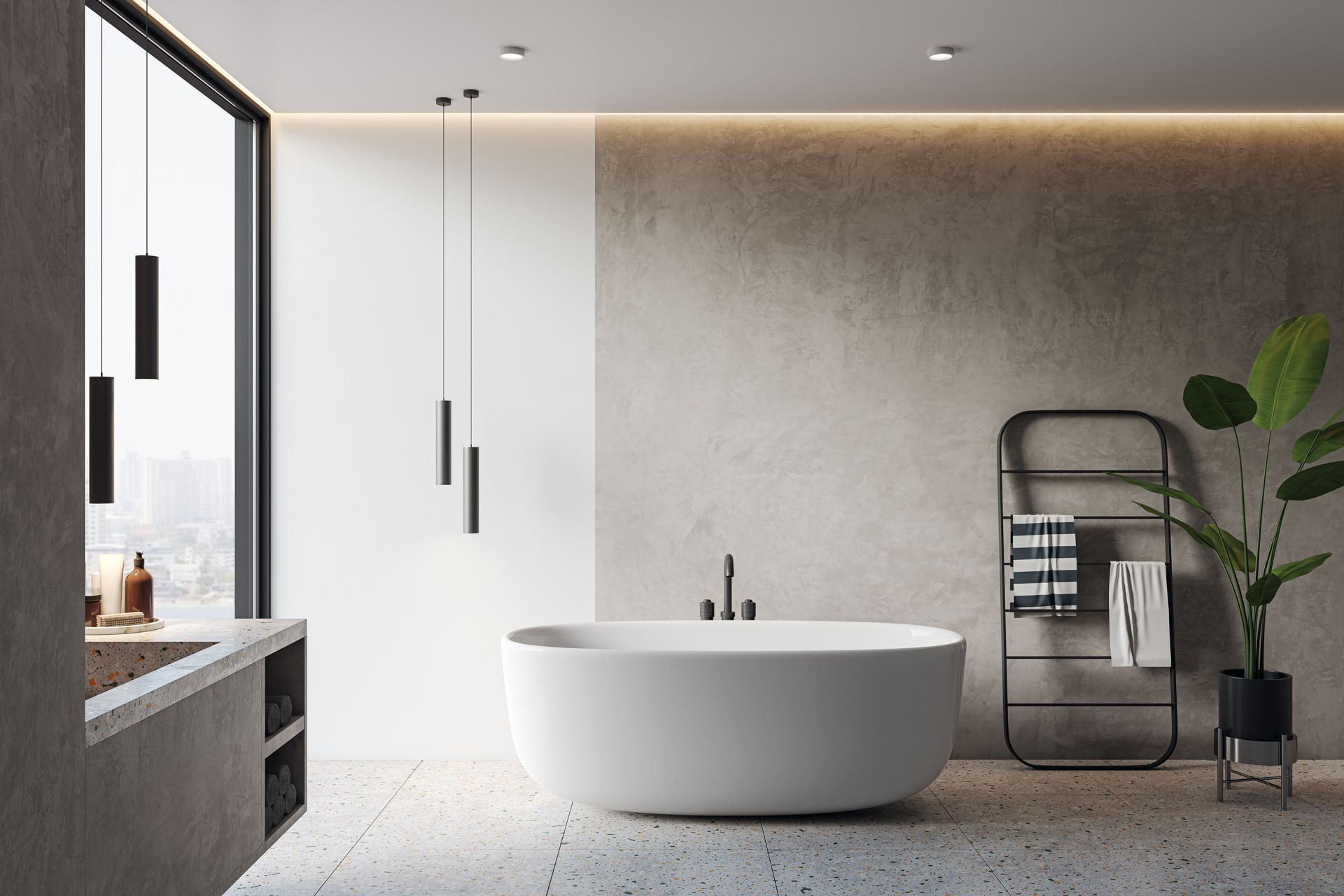 Modern bathroom with a white bathtub, concrete walls, and large window.