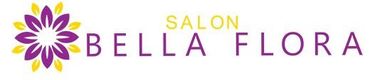 a logo for a salon called bella flora with a purple flower in the middle .