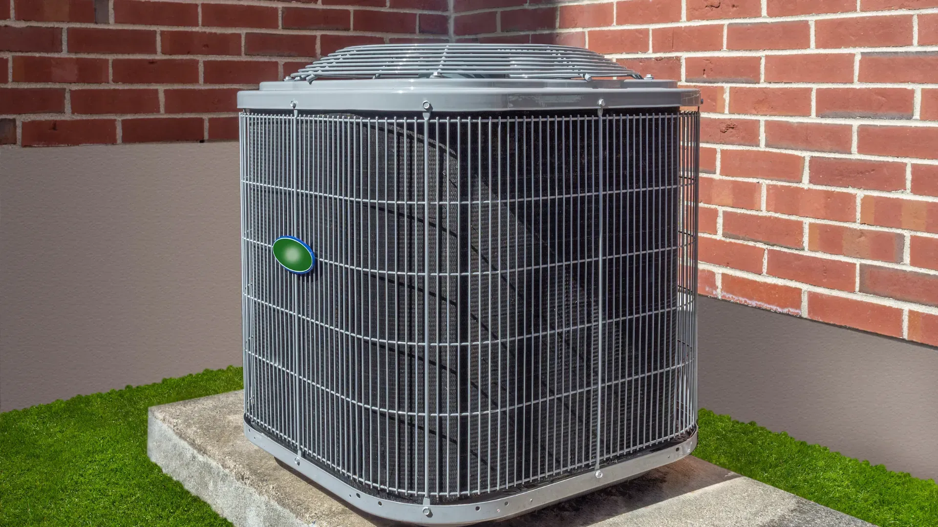 An air conditioner is sitting on the side of a brick building.