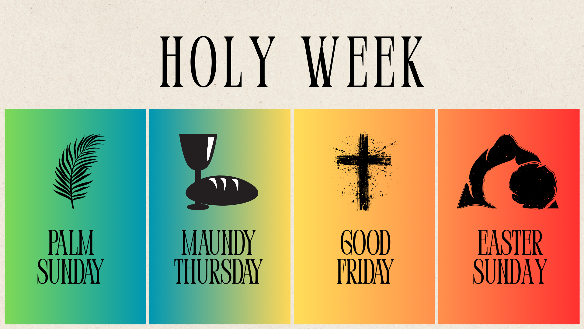 Holy Week graphic: Palm Sunday, Maundy Thursday, Good Friday, Easter Sunday icons with corresponding text.