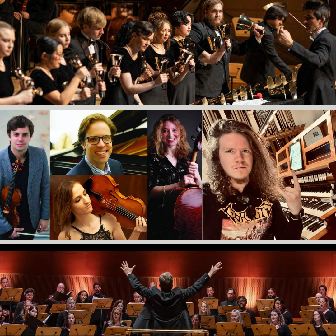 Musicians performing: handbell choir, individual violinists, conductor with orchestra.