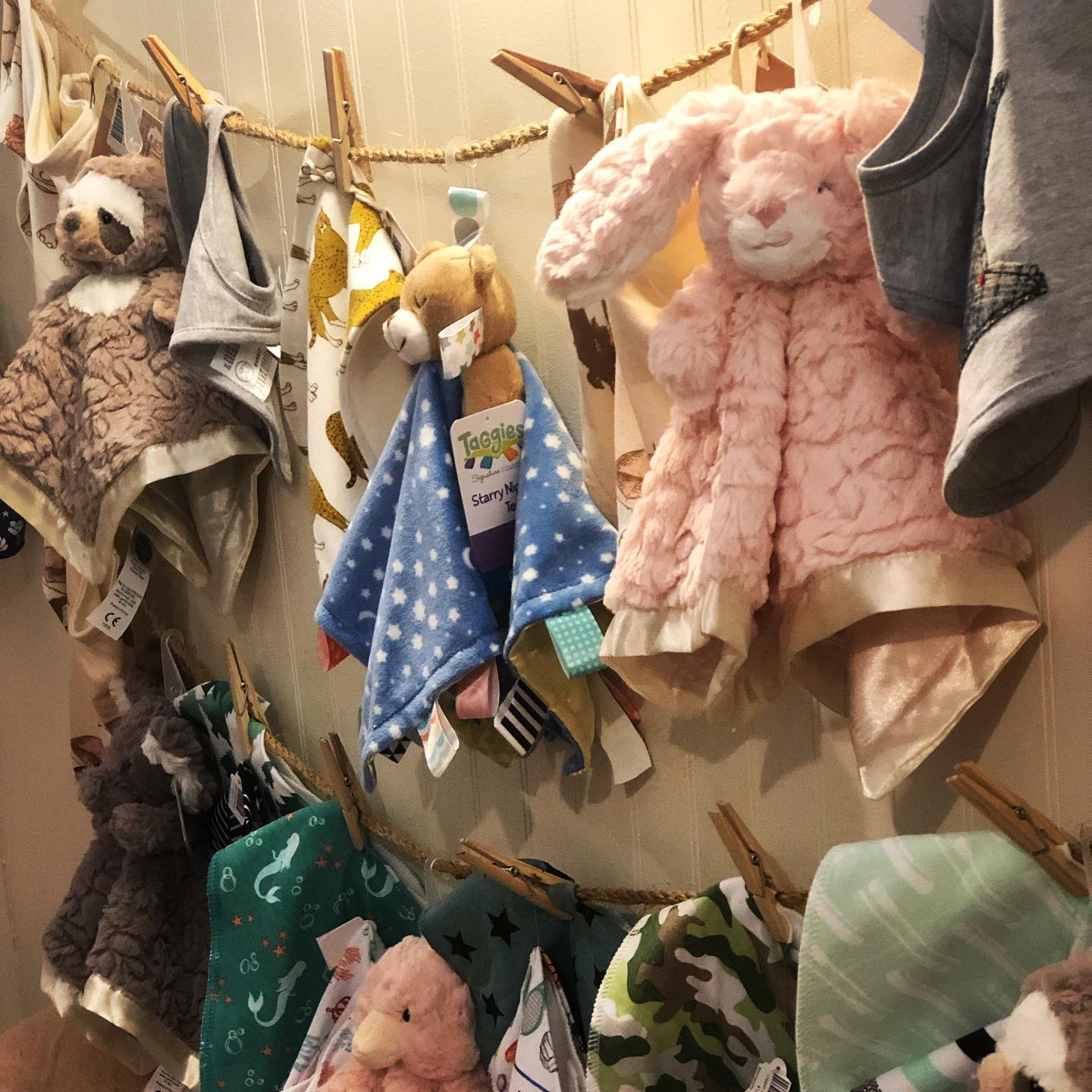 A bunch of stuffed animals are hanging on a clothes line
