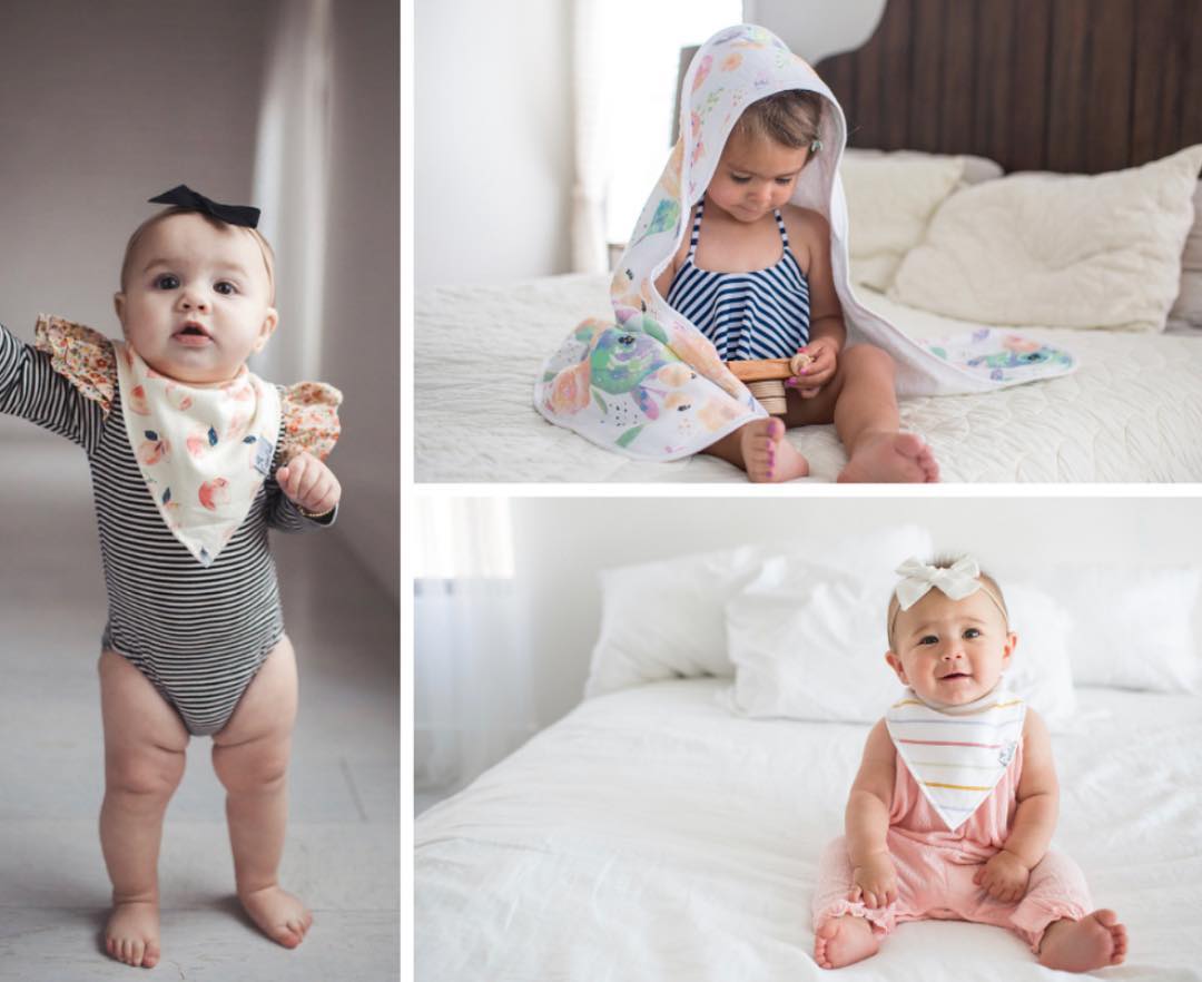 A collage of three pictures of a baby wearing a bib.