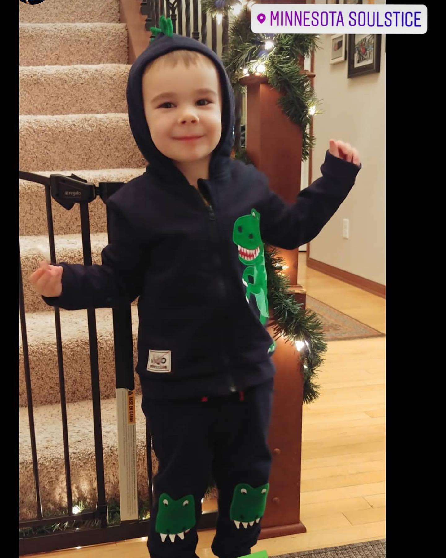 A little boy wearing a hoodie with a dinosaur on it is standing in front of stairs in minnesota soulstice