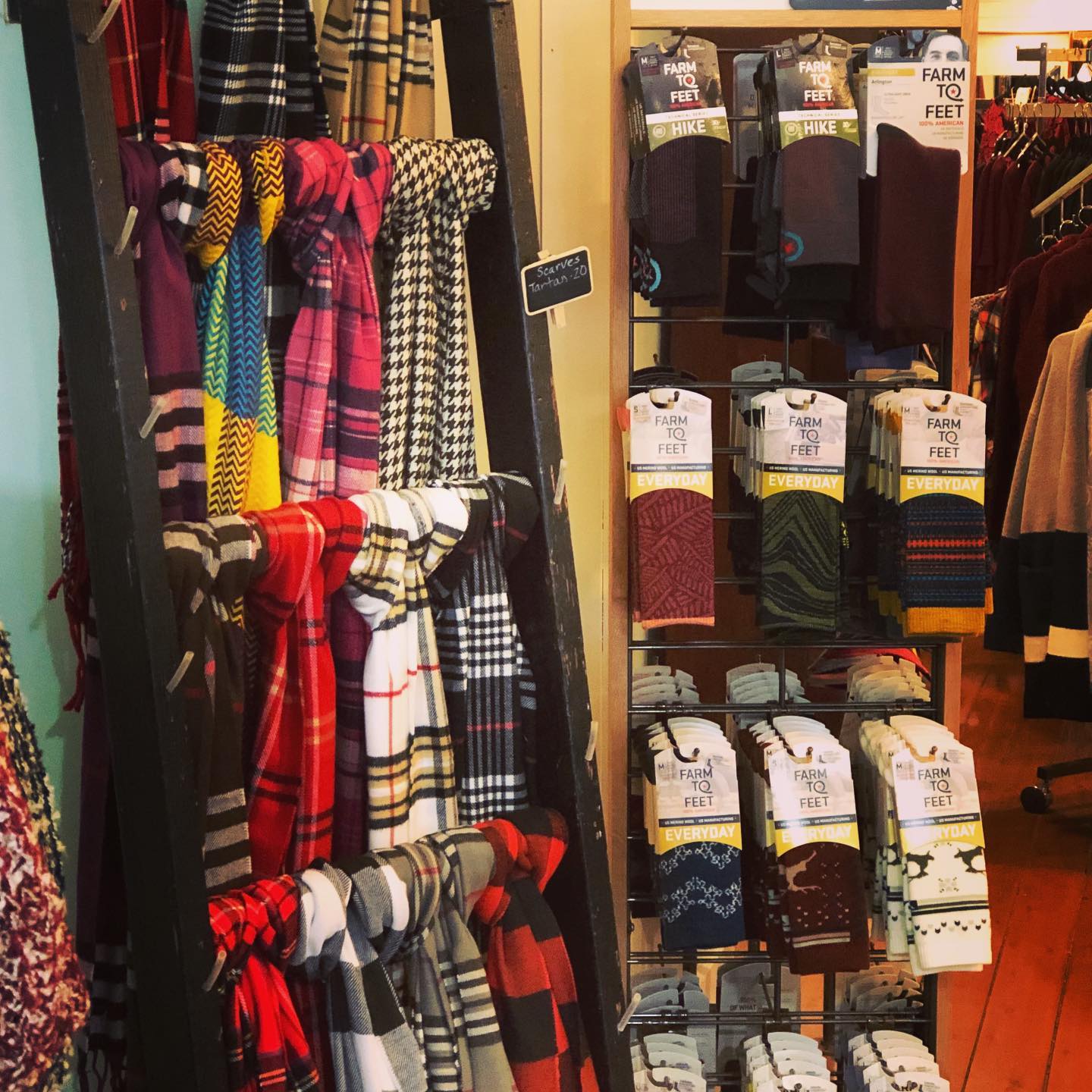 A display of scarves and socks in a store