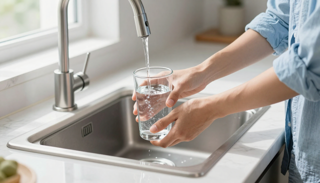 Hands filling a glass with water from a kitchen faucet over a stainless-steel sink