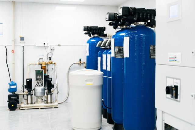 Blue water treatment tanks and industrial filtration equipment in a clean white room