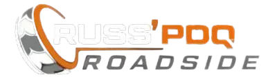 Company logo for Russ' PDQ Roadside, featuring a tire graphic integrated with orange and grey text.