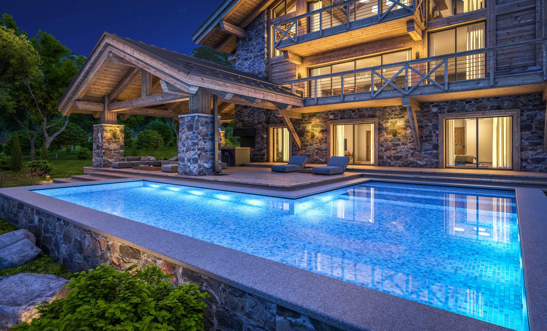 Custom home exterior with covered patio, backyard swimming pool, and outdoor seating area in a modern residential design.