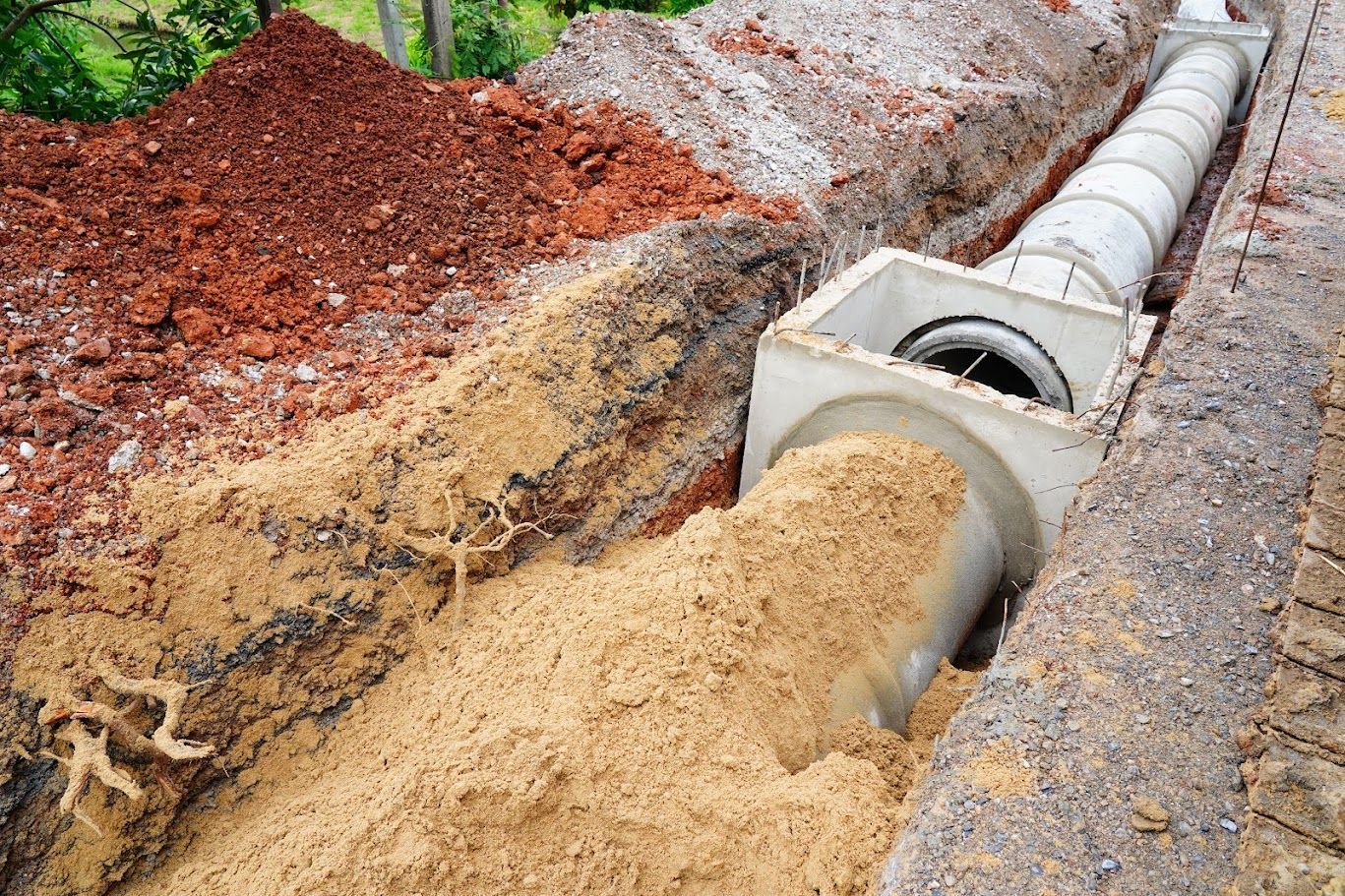 A drain pipe full of dirt beside the road is being installed by Elite Outdoor Solutions in Edmond, OK.