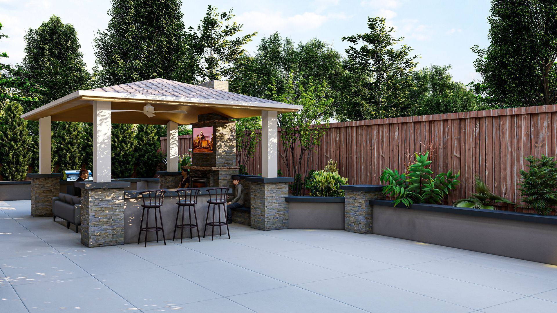 A patio with a gazebo and a wooden fence in the background.