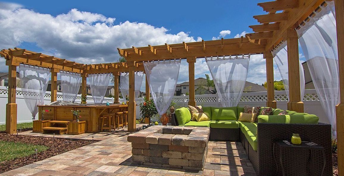 Elite Outdoor Living Solutions created a custom patio featuring a pergola, fire pit, and outdoor furniture in Oklahoma City.