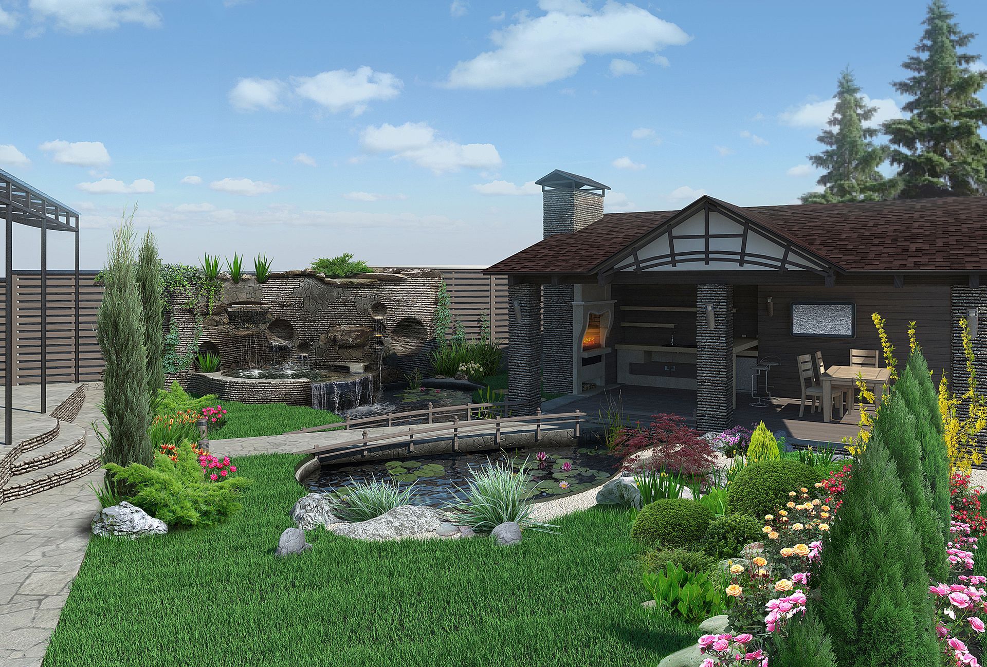 A 3d rendering of a garden with a house in the background.