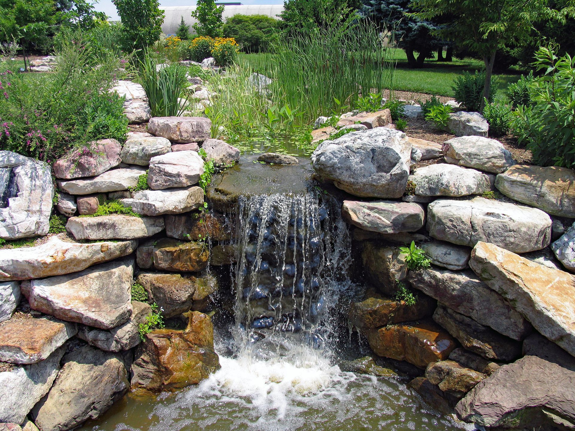 A waterfall is surrounded by rocks and plants in a garden.